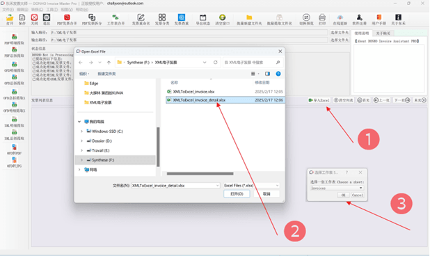 图50 导入‘XMLToExcel_invoice.xlsx’ 至主界面中的【发票信息列表】表格中操作步骤